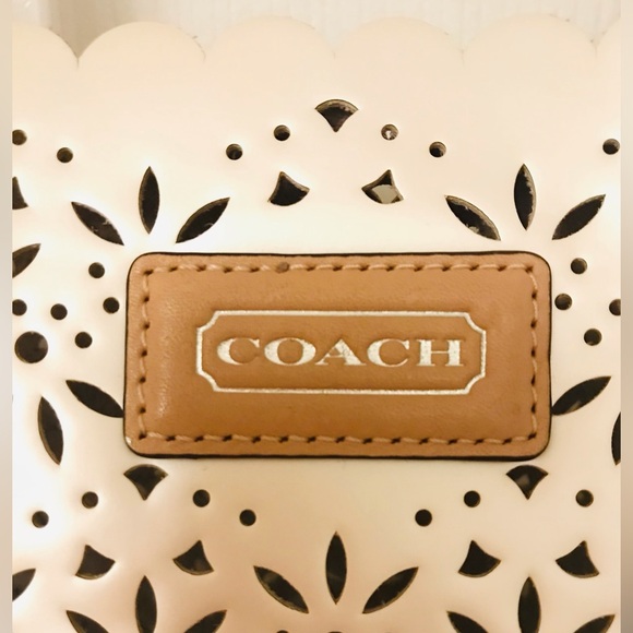 #006. COACH Metro Eyelet Perforated Tote - metallic cream & tan leather handles - Picture 6 of 16